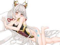 Rule 34 | 1girl, animal ears, blush, breasts, cat ears, cat girl, cleavage, closed mouth, covered navel, facial mark, fang, highleg, highleg leotard, highres, large breasts, leotard, long hair, looking at viewer, medium breasts, nia (blade) (xenoblade), nia (xenoblade), open mouth, orange eyes, silver hair, smile, solo, thighhighs, thighs, twintails, very long hair, white-paka, xenoblade chronicles (series), xenoblade chronicles 2