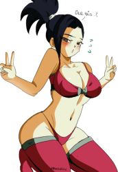 Rule 34 | 10s, 1girl, ass, black eyes, black hair, blush, bra, breasts, cleavage, curvy, dragon ball, dragon ball super, embarrassed, english text, female focus, hip focus, kale (dragon ball), kneeling, large breasts, navel, panties, ponytail, saiyan, simple background, solo, spiked hair, stomach, thick thighs, thighhighs, thighs, underwear, v, white background