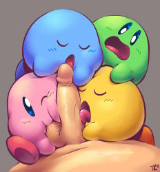 Rule 34 | 5boys, blush, closed eyes, fellatio, group sex, highres, kirby, kirby (series), licking, multiple boys, nintendo, nude, one eye closed, oral, penis, pov, sex, signature, simple background, sitting, testicle sucking, testicles, torrentialkake, uncensored, wink, yaoi