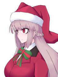 Rule 34 | 1girl, @ @, bow, braid, breasts, fate/grand order, fate (series), florence nightingale (fate), florence nightingale (santa) (fate), french braid, fur-trimmed headwear, fur trim, hat, highres, jacket, large breasts, long hair, multicolored bow, pink hair, red eyes, red hat, red jacket, ringed eyes, santa costume, santa hat, solo, tettsui kusuru