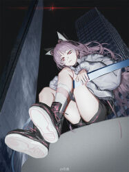 Rule 34 | 1girl, aircraft, airplane, highres, jacket, kneehighs, light smile, lingear, long hair, looking at viewer, looking down, night, original, outdoors, purple hair, red eyes, shorts, sitting, socks, solo, white socks