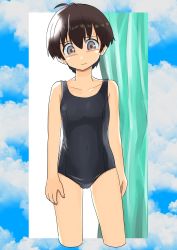 Rule 34 | 1girl, black hair, blush, breasts, cameltoe, cowboy shot, embarrassed, female focus, haida katsuretsu, highres, one-piece swimsuit, original, short hair, small breasts, solo, swimsuit, wavy mouth