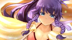 Rule 34 | 1girl, angry, blue eyes, blush, braid, breasts, cleavage, fire emblem, fire emblem: the sacred stones, fire emblem heroes, highres, large breasts, long hair, looking at viewer, nakabayashi zun, nintendo, purple hair, solo, swimsuit, tana (fire emblem), tana (summer) (fire emblem), towel, twin braids, upper body