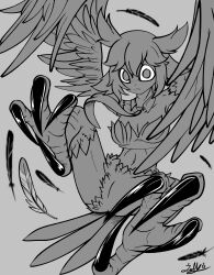 Rule 34 | 1girl, absurdres, artist name, bird legs, breasts, commentary, detached collar, english commentary, feathered wings, feathers, freckles, greyscale, harpy, highres, ishuzoku reviewers, jollicetacean, looking at viewer, medium breasts, mimilo, monochrome, monster girl, navel, necktie, owl ears, owl girl, simple background, solo, talons, winged arms, wings