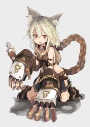 Rule 34 | 10s, 1girl, animal ears, arm strap, armband, blonde hair, boots, braid, center opening, claw (weapon), claw pose, collar, elbow gloves, erune, eyebrows, fang, flipped hair, full body, gloves, granblue fantasy, grey background, hair between eyes, highres, hip vent, hizakozouzu, hood, huge weapon, kneeling, long hair, looking at viewer, midriff, miniskirt, open mouth, pleated skirt, red eyes, sen (granblue fantasy), shadow, single braid, skirt, solo, weapon