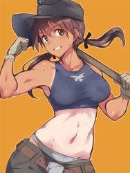 Rule 34 | 1girl, belt, brown eyes, brown hair, clenched hand, commentary request, em (totsuzen no hakike), flexing, gertrud barkhorn, gloves, hat, long hair, looking at viewer, midriff, muscular, navel, panties, shovel, smile, solo, strike witches, sweat, tan, tanline, twintails, underwear, white panties, world witches series