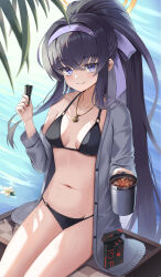 Rule 34 | 1girl, bikini, black bikini, black hair, blue archive, blush, breasts, closed mouth, coffee, collarbone, cowboy shot, cup, fingernails, flower, grey jacket, groin, hair between eyes, hairband, halo, highres, holding, holding cup, ice, jacket, jewelry, junma art, long hair, long sleeves, official alternate costume, open clothes, open jacket, pendant, ponytail, purple eyes, purple hairband, small breasts, smile, solo, swimsuit, ui (blue archive), ui (swimsuit) (blue archive), water, white flower, yellow halo