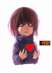 Rule 34 | androgynous, backlighting, brown hair, closed eyes, crying, frisk (undertale), gameplay mechanics, gender request, glowing, heart, open mouth, sankyaku tako, simple background, solo, striped clothes, striped sweater, sweater, tears, turtleneck, undertale, upper body, white background