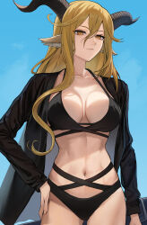 Rule 34 | 1girl, absurdres, animal ears, arknights, arm at side, beruko14, black horns, blonde hair, blue background, breasts, cleavage, closed mouth, collarbone, degenbrecher (arknights), hand on own hip, highres, horns, large breasts, long hair, long sleeves, looking at viewer, navel, open clothes, orange eyes, solo, stomach