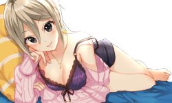 Rule 34 | 1girl, bare shoulders, black eyes, black shorts, blush, breasts, camisole, cardigan, cleavage, collarbone, feet, grey hair, hair between eyes, idolmaster, idolmaster cinderella girls, jewelry, legs, looking at viewer, lying, medium breasts, necklace, o-ring, off shoulder, on side, open cardigan, open clothes, parted bangs, pillow, pink sweater, purple camisole, shiomi syuko, short hair, shorts, simple background, smile, solo, strap slip, sweater, thighs, uruhara ryuuku, white background