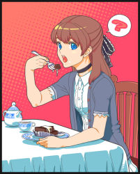Rule 34 | 1girl, ?, bad id, bad pixiv id, blue eyes, brown hair, cake, chair, choker, clueless, coffee, cum, cum on food, cup, eating, female focus, food, fork, hair ribbon, long hair, looking at viewer, open mouth, pepsiso, ribbon, sitting, solo, table, tablecloth, teacup, teapot, teeth, tongue