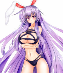 Rule 34 | 1girl, animal ears, bikini, breast hold, breasts, rabbit ears, cleavage, collarbone, groin, highres, kou (inaba), large breasts, light purple hair, light smile, long hair, looking at viewer, nail polish, navel, purple hair, red eyes, reisen udongein inaba, simple background, solo, swimsuit, touhou, very long hair, white background