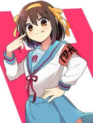Rule 34 | 1girl, :p, armband, blue sailor collar, blue skirt, bob cut, brown eyes, brown hair, closed mouth, commentary request, h, hair ribbon, hairband, hand on own hip, highres, kita high school uniform, long sleeves, looking at viewer, medium hair, pointing, pointing at self, quriltai, red armband, red ribbon, ribbon, sailor collar, school uniform, serafuku, simple background, skirt, smile, solo, suzumiya haruhi, suzumiya haruhi no yuuutsu, tongue, tongue out, white background, winter uniform, yellow hairband, yellow ribbon