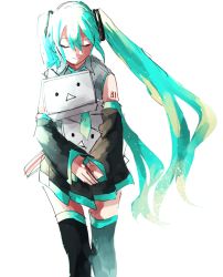 Rule 34 | 1girl, bad id, bad pixiv id, bare shoulders, black skirt, black thighhighs, blue hair, blue necktie, closed eyes, detached sleeves, feet out of frame, floating hair, grey shirt, hair between eyes, happy, hatsune miku, holding, light smile, long hair, mope, necktie, niconico, number tattoo, shirt, shoulder tattoo, simple background, skirt, sleeveless, sleeveless shirt, solo, tattoo, terebi-chan, thighhighs, twintails, vocaloid, walking, white background, zettai ryouiki