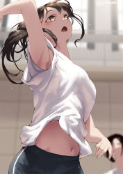 Rule 34 | 1girl, armpits, blouse, blush, breasts, duplicate, jonsun, large breasts, looking at viewer, navel, one-piece swimsuit, shirt, short hair, solo, swimsuit, white shirt