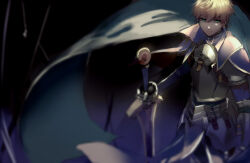 Rule 34 | 1boy, absurdres, armor, arthur pendragon (fate), blonde hair, blue cape, blurry, breastplate, cape, closed mouth, dark background, depth of field, fate/grand order, fate (series), faulds, gauntlets, green eyes, highres, holding, holding sword, holding weapon, kou jia, long sleeves, looking to the side, male focus, short hair, simple background, solo, sword, weapon