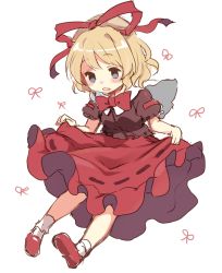 Rule 34 | 1girl, blonde hair, blue eyes, blush, brown shirt, bubble skirt, frills, full body, mary janes, medicine melancholy, open mouth, paragasu (parags112), puffy short sleeves, puffy sleeves, red footwear, red ribbon, red skirt, ribbon, ribbon-trimmed skirt, ribbon trim, shirt, shoes, short hair, short sleeves, simple background, skirt, skirt hold, socks, solo, teeth, touhou, upper teeth only, wavy hair, white background, white socks