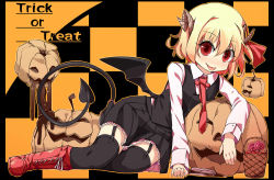 Rule 34 | 1girl, bat wings, black thighhighs, blonde hair, blush, boots, breasts, checkered background, chocolate, demon tail, female focus, garter straps, hair ribbon, highres, horns, jack-o&#039;-lantern, jpeg artifacts, large breasts, looking at viewer, miniskirt, necktie, outline, pleated skirt, red eyes, ribbon, rumia, shamo (koumakantv), skirt, solo, tail, thighhighs, tongue, tongue out, touhou, wings