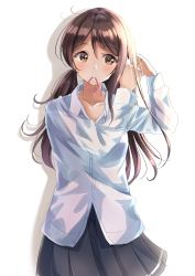 Rule 34 | 1girl, absurdres, black skirt, blush, brown eyes, brown hair, closed mouth, collarbone, collared shirt, commentary request, dress shirt, drop shadow, hair between eyes, hair tie, hair tie in mouth, hands up, highres, long hair, long sleeves, looking away, looking to the side, low twintails, mouth hold, original, pleated skirt, school uniform, shirt, sin (sin52y), skirt, smile, solo, twintails, tying hair, very long hair, white background, white shirt
