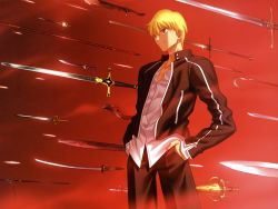 Rule 34 | 1boy, absurdres, black jacket, black pants, blonde hair, collarbone, cowboy shot, dress shirt, fate/stay night, fate (series), gae bolg (fate), game cg, gate of babylon (fate), gilgamesh (fate), hands in pockets, highres, jacket, male focus, official alternate costume, official art, pants, parted lips, polearm, red eyes, shirt, short hair, solo, spear, standing, sword, takeuchi takashi, weapon, white shirt