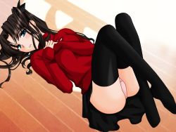 Rule 34 | 00s, 1girl, black thighhighs, blue eyes, blush, brown hair, buzzer, count zero, fate/stay night, fate (series), legs, legs up, long legs, lying, miniskirt, on back, panties, pantyshot, pink panties, skirt, solo, thighhighs, tohsaka rin, turtleneck, twintails, two side up, underwear, upskirt