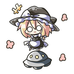 Rule 34 | 1girl, ^^^, aoblue, blonde hair, blush, chibi, female focus, hat, kirisame marisa, o o, simple background, skirt, solo, touhou, ufo, white background, witch, witch hat