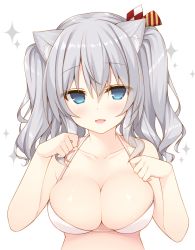 Rule 34 | 10s, 1girl, :3, :d, animal ears, bikini, blue eyes, blush, breasts, cat ears, cleavage, collarbone, eyebrows, hair between eyes, hair ornament, halterneck, highres, kantai collection, kashima (kancolle), kemonomimi mode, large breasts, looking at viewer, miko (royal milk), no pupils, open mouth, paw pose, silver hair, simple background, skindentation, smile, solo, sparkle, string bikini, striped, swimsuit, twintails, two side up, upper body, white background, white bikini