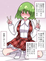 Rule 34 | 1girl, blush, double v, dress shirt, green hair, hammer (sunset beach), highres, kazami yuuka, looking at viewer, one eye closed, open mouth, plaid, plaid skirt, plaid vest, red eyes, shirt, short hair, skirt, smile, solo, spread legs, squatting, touhou, translation request, unmoving pattern, v, vest