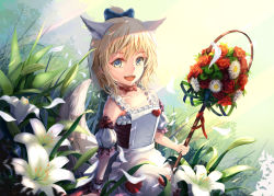 Rule 34 | 1girl, :d, animal ears, apron, augu (523764197), bad id, bad pixiv id, blade &amp; soul, blue bow, blue eyes, bow, choker, collarbone, detached sleeves, flower, grass, lily (flower), looking to the side, maid, open mouth, ponytail, smile, solo, staff, tail, wrist cuffs