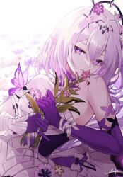 1girl bare_shoulders breasts castorice_(honkai:_star_rail) commentary elbow_gloves flower gloves hair_flower hair_ornament hashtag-only_commentary highres holding holding_flower honkai:_star_rail honkai_(series) parted_lips pointy_ears purple_eyes purple_flower purple_gloves purple_pupils signature single_elbow_glove small_breasts solo upper_body yoake_(rapis0291)