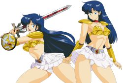 Rule 34 | 1980s (style), 1girl, armor, asou yuuko, bikini armor, blue eyes, blue hair, breasts, cleavage, collarbone, commentary request, cowboy shot, eyelashes, gold armor, holding, holding sword, holding weapon, long hair, medium breasts, midriff, mugen senshi valis, multiple views, navel, oggy (oggyoggy), oldschool, open mouth, panties, pantyshot, red ribbon, retro artstyle, ribbon, shield, shoulder pads, skirt, stomach, sword, transparent background, underwear, valis, vambraces, weapon, white panties, white skirt
