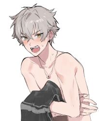 Rule 34 | 1boy, blush, covering privates, dohyo123123, ensemble stars!, fangs, grey hair, highres, holding, holding clothes, jewelry, male focus, necklace, ogami koga, open mouth, short hair, simple background, solo, topless male, white background, yellow eyes