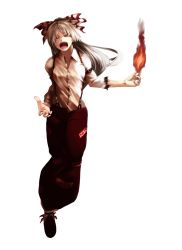 Rule 34 | 1girl, angry, bad id, bad pixiv id, burnt clothes, fire, fire, fujiwara no mokou, full body, hair ribbon, long hair, minnu, open mouth, ribbon, silver hair, solo, touhou, white background