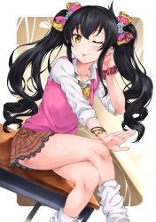 Rule 34 | 1girl, ;p, absurdres, black hair, blush, bow, bowtie, bracelet, brown skirt, closed mouth, collarbone, collared shirt, crossed legs, curly hair, dutch angle, hair bow, hair ornament, hand up, highres, idolmaster, idolmaster cinderella girls, jewelry, long hair, long sleeves, looking at viewer, loose socks, matoba risa, miniskirt, one eye closed, pink bow, pink vest, red scrunchie, scrunchie, shirt, sidelocks, sirurabbit, sitting, skirt, sleeves rolled up, smile, socks, solo, star (symbol), star hair ornament, thighs, tongue, tongue out, twintails, vest, white legwear, white shirt, wrist scrunchie, yellow bow, yellow bowtie, yellow eyes