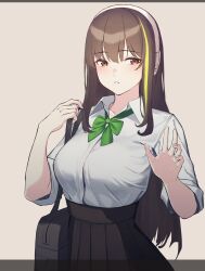 Rule 34 | 1girl, 3 small spiders, bag, bow, bowtie, brown eyes, brown hair, commentary request, girls&#039; frontline, green bow, green bowtie, green hair, headphones, light brown background, long hair, looking at viewer, m4a1 (girls&#039; frontline), multicolored hair, pleated skirt, school uniform, shirt, shoulder bag, skirt, streaked hair, white shirt