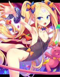 Rule 34 | 1girl, :d, abigail williams (fate), armpits, ass, bandage on face, bandages, black one-piece swimsuit, blonde hair, blue eyes, bow, breasts, covered erect nipples, fang, fate/grand order, fate (series), hair bow, leaning forward, long hair, lue bow, one-piece swimsuit, open mouth, orange bow, small breasts, smile, solo, stuffed animal, stuffed toy, swimsuit, teddy bear, toraishi 666, very long hair