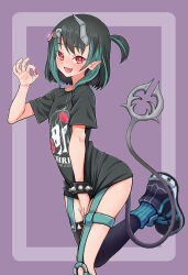 Rule 34 | 1girl, black footwear, black hair, black shirt, black thighhighs, blue hair, blue socks, blush, bracelet, commentary request, demon girl, demon horns, demon tail, eye hair ornament, fang, fingernails, flat chest, foot out of frame, highres, horns, jewelry, k waremono, looking at viewer, medium bangs, multicolored hair, nanashi inc., official alternate costume, ok sign, one side up, open mouth, pointy ears, purple background, red eyes, red nails, shirt, shishio chris, shishio chris (3rd costume), shoes, short hair, short sleeves, single thighhigh, smile, sneakers, socks, solo, spiked bracelet, spikes, tail, thighhighs, two-tone hair, virtual youtuber