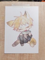 Rule 34 | 1boy, animal, animal ears, antenna hair, atou haruki, black jacket, black pants, blonde hair, blood, blood on face, brown sweater, chibi, chibi only, chinese commentary, closed eyes, commentary request, eating, fish, fox boy, fox ears, fox tail, highres, holding, holding animal, holding fish, jacket, kemonomimi mode, long sleeves, male focus, open clothes, open jacket, painting (medium), pants, ribbed sweater, saibou shinkyoku, short hair, simple background, sitting, solo, sweater, tail, traditional media, watercolor (medium), wawu, white background