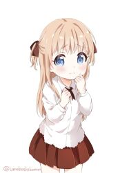 Rule 34 | 1girl, aged down, blonde hair, blue eyes, blush, bow, bowtie, closed mouth, collared shirt, commentary, frilled shirt, frills, hair bow, hair ribbon, hand on own face, hands up, long hair, looking at viewer, mearian, pleated skirt, raised eyebrows, red bow, red bowtie, red ribbon, red skirt, ribbon, scared, shirt, simple background, skirt, solo, tears, toshinou kyouko, twintails, twitter username, two side up, wavy mouth, white background, white shirt, yuru yuri