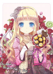 Rule 34 | 1girl, bag, bat wings, blonde hair, blue eyes, blush, breasts, candy, casual, chocolate, colored eyelashes, female focus, flower, food, hair flower, hair ornament, hairband, heart, jewelry, jin young-in, lollipop, long hair, nail polish, necklace, open bag, original, plant, red flower, red rose, revision, ribbon, rose, scarf, skirt, solo, valentine, wavy hair, wings