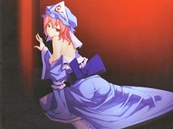 Rule 34 | 1girl, back, bare shoulders, blue dress, breasts, cropped, dress, gradient background, hat, japanese clothes, kimono, long sleeves, looking at viewer, looking back, mob cap, nipples, non-web source, off shoulder, parted lips, pink hair, puffy sleeves, red eyes, ribbon, saigyouji yuyuko, sash, scan, scan artifacts, shingo (missing link), short hair, sideboob, solo, touhou, triangular headpiece, veil, wide sleeves