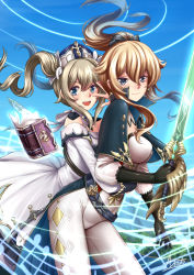 Rule 34 | 2girls, :d, adsouto, arm around waist, barbara (genshin impact), black gloves, blonde hair, blue eyes, book, capelet, commentary, cross, cross earrings, earrings, english commentary, genshin impact, gloves, highres, holding, holding sword, holding weapon, jean (genshin impact), jewelry, knight, long hair, looking at viewer, magic, multiple girls, musical note, open mouth, pants, ponytail, siblings, signature, sisters, smile, sword, teeth, twintails, upper teeth only, weapon