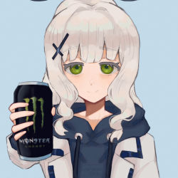 Rule 34 | 1girl, artist name, blue archive, blue background, blue hoodie, can, closed mouth, commentary, cross hair ornament, english commentary, green eyes, grey hair, hair intakes, hair ornament, hare (blue archive), highres, holding, holding can, hood, hoodie, jacket, looking at viewer, medium hair, monster energy, saturn-caramel, sidelocks, signature, simple background, smile, solo, tareme, upper body, white jacket
