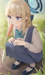Rule 34 | 1girl, absurdres, black footwear, blonde hair, blue archive, blue bow, blue bowtie, blue dress, blue eyes, blue halo, bow, bowtie, braid, carrot, collared shirt, dress, eating, food, full body, ggoong (pooplambgoong22), halo, highres, long hair, long sleeves, outdoors, shirt, shoes, socks, solo, squatting, toki (blue archive), vegetable, white shirt, white socks