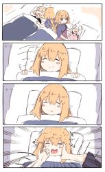 Rule 34 | 3girls, 4koma, absurdres, afterimage, ahoge, black shirt, black shorts, blonde hair, closed eyes, closed mouth, comic, covering with blanket, drooling, emphasis lines, fate/grand order, fate (series), flying sweatdrops, hair between eyes, highres, jeanne d&#039;arc (fate), jeanne d&#039;arc (ruler) (fate), jeanne d&#039;arc alter (avenger) (fate), jeanne d&#039;arc alter (fate), jeanne d&#039;arc alter santa lily (fate), light brown hair, long hair, lying, multiple girls, on back, open mouth, parted lips, pillow, pink shirt, purple eyes, purple shirt, ranf, saliva, shirt, short sleeves, shorts, silent comic, smile, sweat, under covers, very long hair, white hair