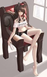 Rule 34 | 1girl, :&lt;, absurdres, animal ears, artist request, bare legs, bare shoulders, barefoot, bikini, bikini under clothes, black bikini, black hair, black shorts, breasts, brown eyes, can, chair, cleavage, collarbone, commission, crop top, crop top overhang, crossed legs, dolphin shorts, halterneck, highres, holding, long hair, looking at viewer, medium breasts, midriff, navel, off-shoulder shirt, off shoulder, original, park bokja, ponytail, revealing clothes, second-party source, shirt, short shorts, shorts, sitting, slit pupils, solo, squirrel ears, squirrel girl, squirrel tail, stomach, string bikini, sunlight, swimsuit, tail, thighs, white shirt, window
