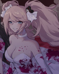 1girl bare_shoulders blood blood_on_clothes breasts choker cleavage danganronpa:_trigger_happy_havoc danganronpa_(series) dress enoshima_junko grin hair_ornament highres hy_(fjvlg) long_hair smile solo_focus teeth twintails upper_body wedding_dress white_choker