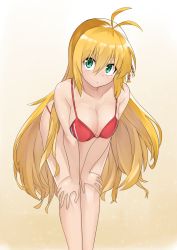 Rule 34 | 1girl, antenna hair, bare legs, bare shoulders, bent over, bikini, blonde hair, blush, breasts, cleavage, closed mouth, collarbone, feet out of frame, gradient background, green eyes, hair between eyes, hair ornament, highres, large breasts, long hair, red bikini, sanpaku, shinwota, solo, sparkle, standing, swimsuit, tareme, tsurumaki maki, very long hair, voiceroid, yellow background