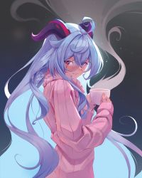 Rule 34 | 1girl, ahoge, artist name, bespectacled, blue hair, blush, breasts, casual, closed mouth, commentary, cup, drink, english commentary, from side, ganyu (genshin impact), genshin impact, glasses, gradient background, grey background, hair between eyes, hair down, hands up, highres, holding, holding cup, horns, light particles, logo, long hair, looking at viewer, looking to the side, peaceablecolt, purple eyes, red horns, ribbed sweater, round eyewear, sleeves past wrists, small breasts, smile, solo, steam, sweater, turtleneck, turtleneck sweater, upper body, very long hair