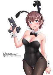Rule 34 | 1girl, absurdres, animal ears, b&amp;t usw-a1, black bow, black bowtie, black leotard, black pantyhose, blue eyes, bow, bowtie, breasts, brown hair, bunny day, cleavage, commentary request, cowboy shot, detached collar, gun, highres, kzm (sub-moa works), large breasts, leotard, looking at viewer, original, pantyhose, playboy bunny, rabbit ears, short hair, simple background, solo, strapless, strapless leotard, thigh gap, trigger discipline, weapon, white background, wrist cuffs